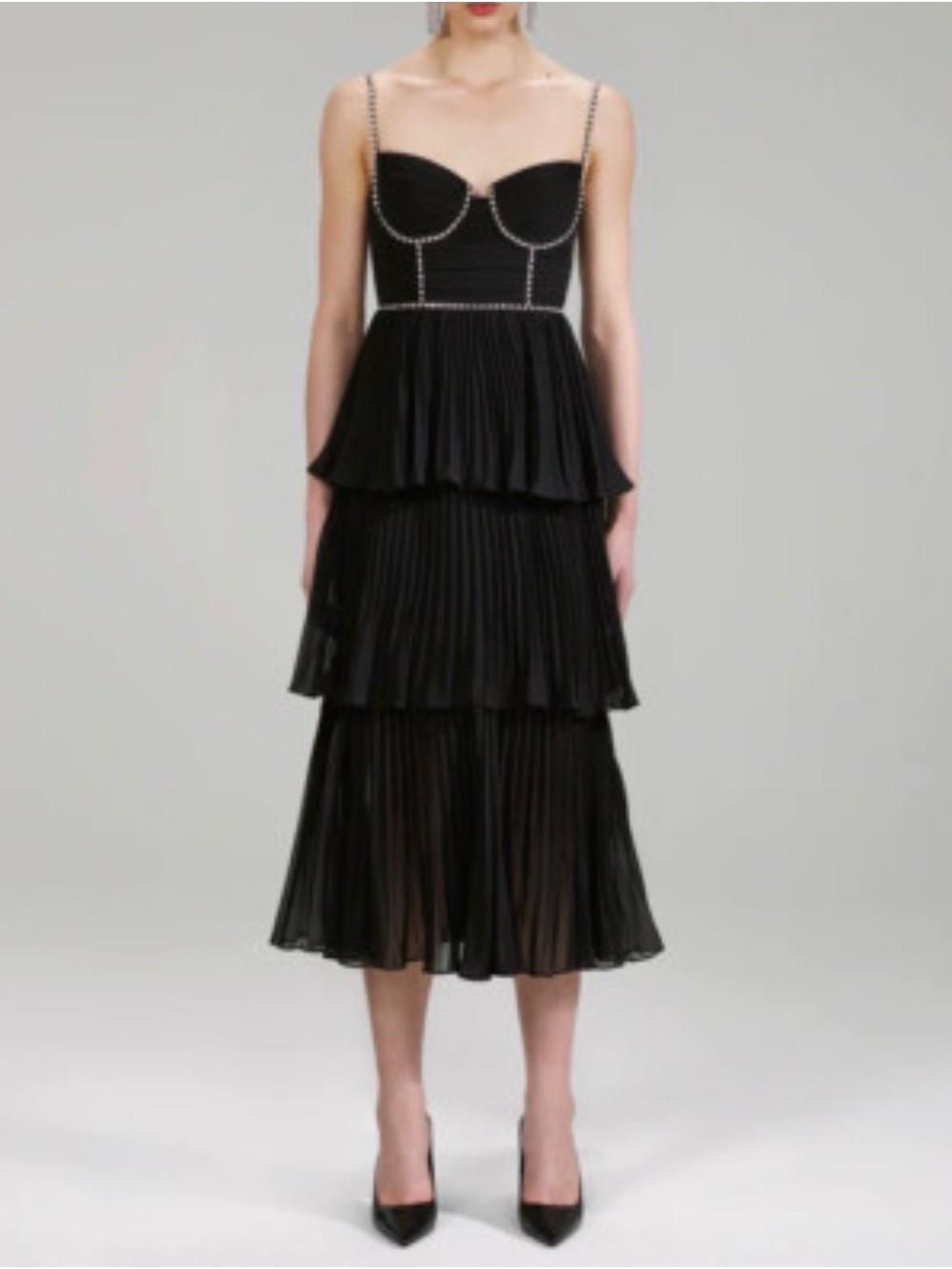 Self-Portrait Embellished Pleated Chiffon Midi-Dress size 2 - Picture 2 of 16